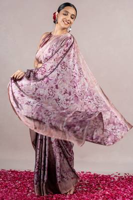 Dusty Rose Pink Chiffon Floral Print Saree With Unstitched Blouse Piece 4