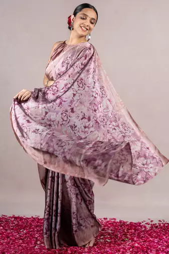 Dusty Rose Pink Chiffon Floral Print Saree With Unstitched Blouse Piece
