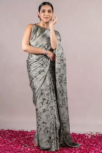 Light Grey Chiffon Floral Print Saree With Unstitched Blouse Piece