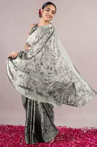 Light Grey Chiffon Floral Print Saree With Unstitched Blouse Piece
