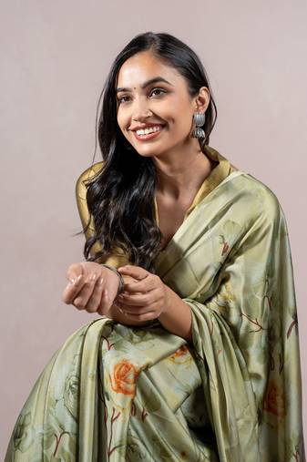 Light Olive Green Chiffon Floral Print Saree With Unstitched Blouse Piece