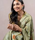 Light Olive Green Chiffon Floral Print Saree With Unstitched Blouse Piece