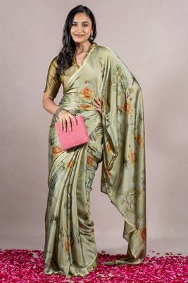 Light Olive Green Chiffon Floral Print Saree With Unstitched Blouse Piece 2