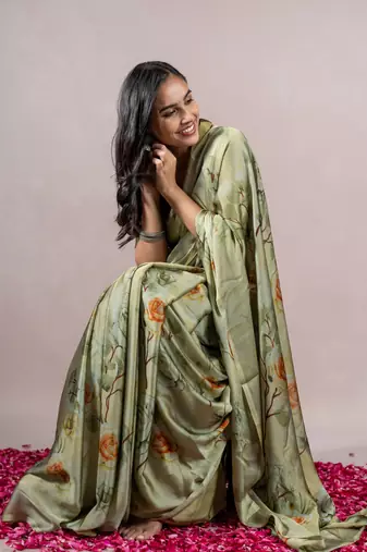 Light Olive Green Chiffon Floral Print Saree With Unstitched Blouse Piece