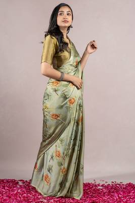 Light Olive Green Chiffon Floral Print Saree With Unstitched Blouse Piece 4