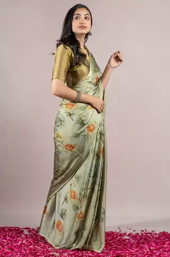 Light Olive Green Chiffon Floral Print Saree With Unstitched Blouse Piece