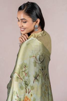 Light Olive Green Chiffon Floral Print Saree With Unstitched Blouse Piece 5