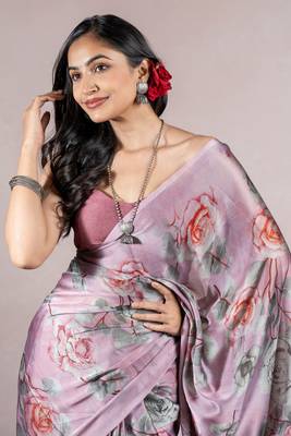 Dusty Wine Chiffon Floral Print Saree With Unstitched Blouse Piece 1