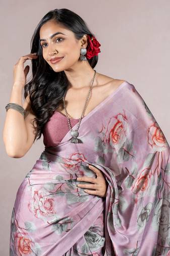 Dusty Wine Chiffon Floral Print Saree With Unstitched Blouse Piece