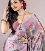 Dusty Wine Chiffon Floral Print Saree With Unstitched Blouse Piece