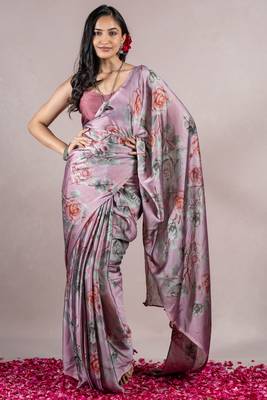Dusty Wine Chiffon Floral Print Saree With Unstitched Blouse Piece 2