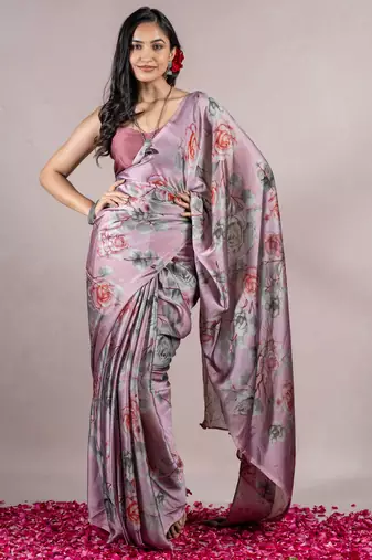 Dusty Wine Chiffon Floral Print Saree With Unstitched Blouse Piece