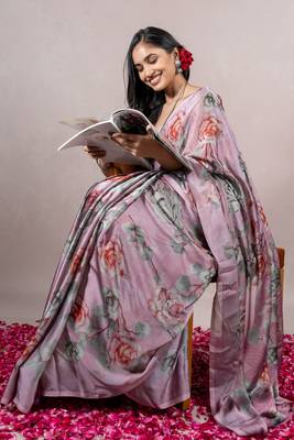 Dusty Wine Chiffon Floral Print Saree With Unstitched Blouse Piece 3
