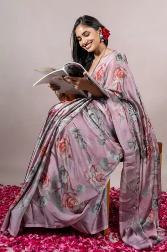 Dusty Wine Chiffon Floral Print Saree With Unstitched Blouse Piece