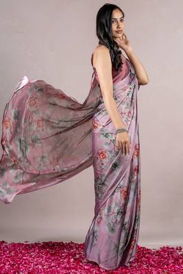 Dusty Wine Chiffon Floral Print Saree With Unstitched Blouse Piece 4