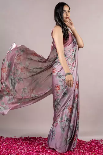 Dusty Wine Chiffon Floral Print Saree With Unstitched Blouse Piece