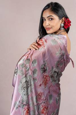 Dusty Wine Chiffon Floral Print Saree With Unstitched Blouse Piece 5