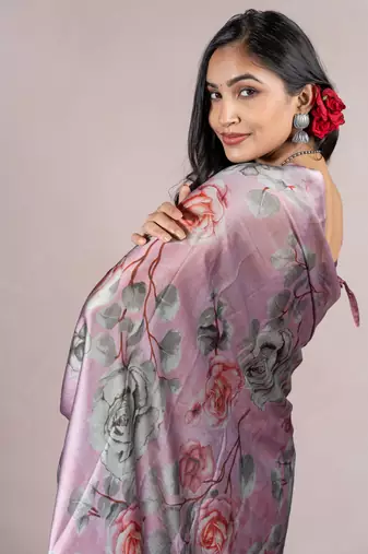 Dusty Wine Chiffon Floral Print Saree With Unstitched Blouse Piece
