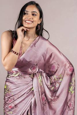 Dusty Wine Chiffon Floral Print Saree With Unstitched Blouse Piece 1