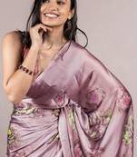 Dusty Wine Chiffon Floral Print Saree With Unstitched Blouse Piece