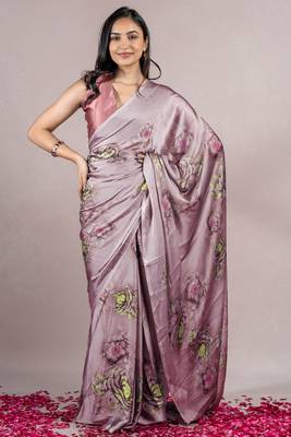 Dusty Wine Chiffon Floral Print Saree With Unstitched Blouse Piece 2