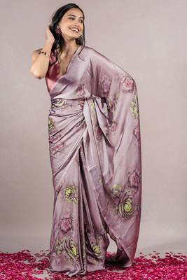 Dusty Wine Chiffon Floral Print Saree With Unstitched Blouse Piece 3