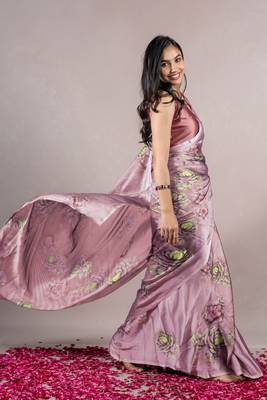 Dusty Wine Chiffon Floral Print Saree With Unstitched Blouse Piece 4
