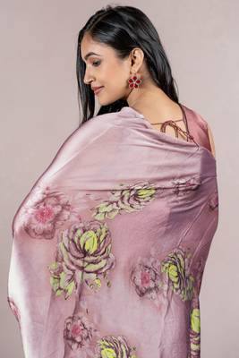 Dusty Wine Chiffon Floral Print Saree With Unstitched Blouse Piece 5