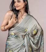 Grey Chiffon Floral Print 0 Saree With Unstitched Blouse Piece