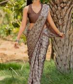 Coffee Brown Chiffon Floral Print Plain Saree With Unstitched Blouse Piece