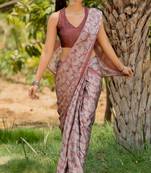 Dusty Maroon Chiffon Floral Print Plain Saree With Unstitched Blouse Piece