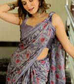 Dusty Lavender Chiffon Floral Print Plain Saree With Unstitched Blouse Piece