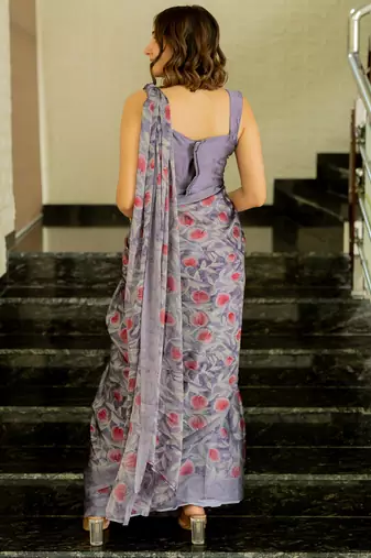 Dusty Lavender Chiffon Floral Print Plain Saree With Unstitched Blouse Piece