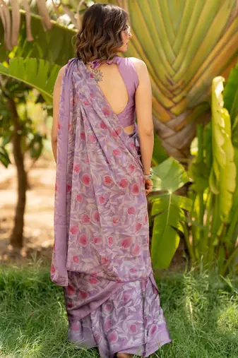 Dusty Wine Chiffon Floral Print Plain Saree With Unstitched Blouse Piece