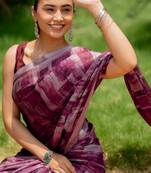 Maroon Chiffon Floral Print Plain Saree With Unstitched Blouse Piece