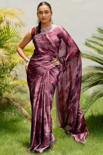 Maroon Chiffon Floral Print Plain Saree With Unstitched Blouse Piece