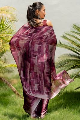 Maroon Chiffon Floral Print Plain Saree With Unstitched Blouse Piece 5