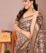 Brown Silk Blend Patola Print Golden Zari Border Saree With Unstitched Blouse Piece