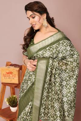 Mehandi Green Silk Blend Patola Print Golden Zari Border Saree With Unstitched Blouse Piece 1