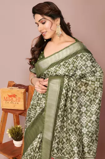 Mehandi Green Silk Blend Patola Print Golden Zari Border Saree With Unstitched Blouse Piece