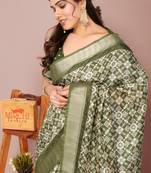 Mehandi Green Silk Blend Patola Print Golden Zari Border Saree With Unstitched Blouse Piece