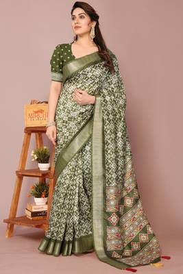 Mehandi Green Silk Blend Patola Print Golden Zari Border Saree With Unstitched Blouse Piece 2