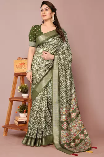 Mehandi Green Silk Blend Patola Print Golden Zari Border Saree With Unstitched Blouse Piece