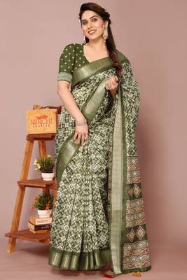 Mehandi Green Silk Blend Patola Print Golden Zari Border Saree With Unstitched Blouse Piece 3