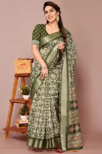 Mehandi Green Silk Blend Patola Print Golden Zari Border Saree With Unstitched Blouse Piece