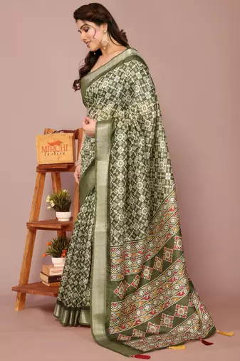 Mehandi Green Silk Blend Patola Print Golden Zari Border Saree With Unstitched Blouse Piece