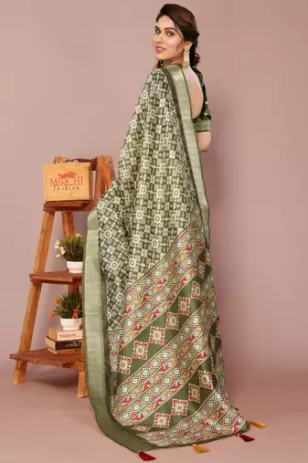 Mehandi Green Silk Blend Patola Print Golden Zari Border Saree With Unstitched Blouse Piece