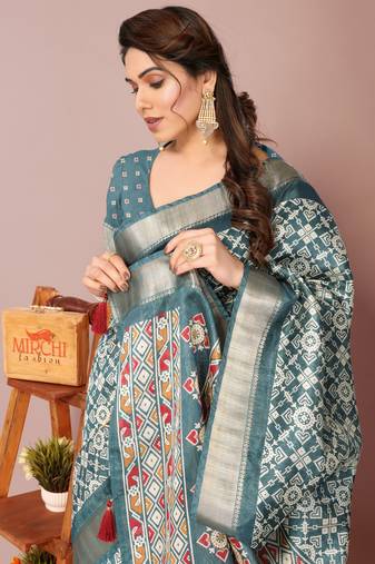 Light Rama Blue Silk Blend Patola Print Golden Zari Border Saree With Unstitched Blouse Piece