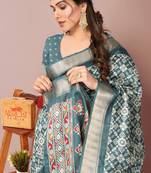 Light Rama Blue Silk Blend Patola Print Golden Zari Border Saree With Unstitched Blouse Piece