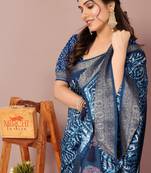 Dark rama blue silk blend batik print golden zari woven border saree with unstitched blouse piece